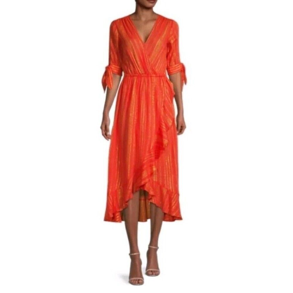 Michael Michael Kors Midi Dress Metallic Crepe Ruffle Wrap In Sangria XS